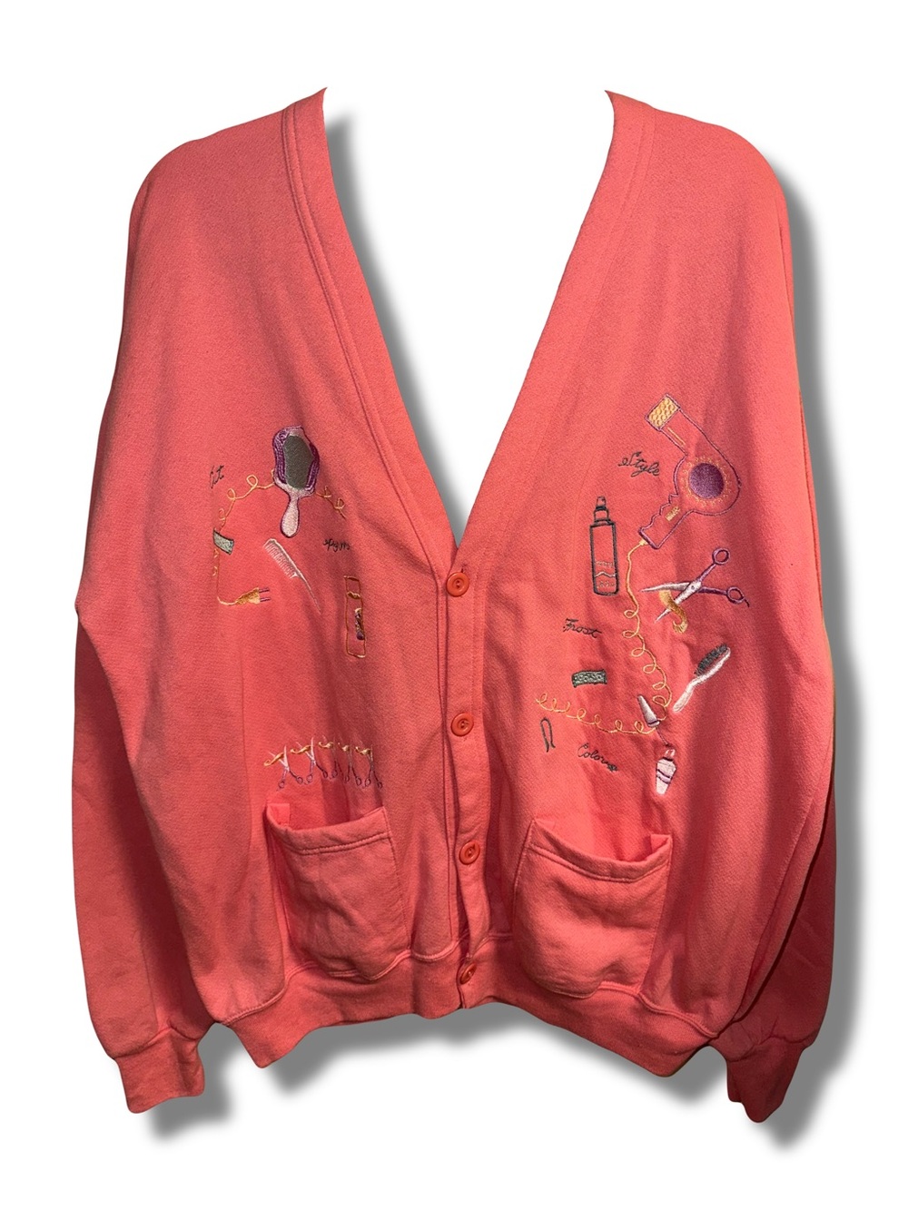 Vtg 90s Hair Salon Motif Embroidered Button Down Cardigan